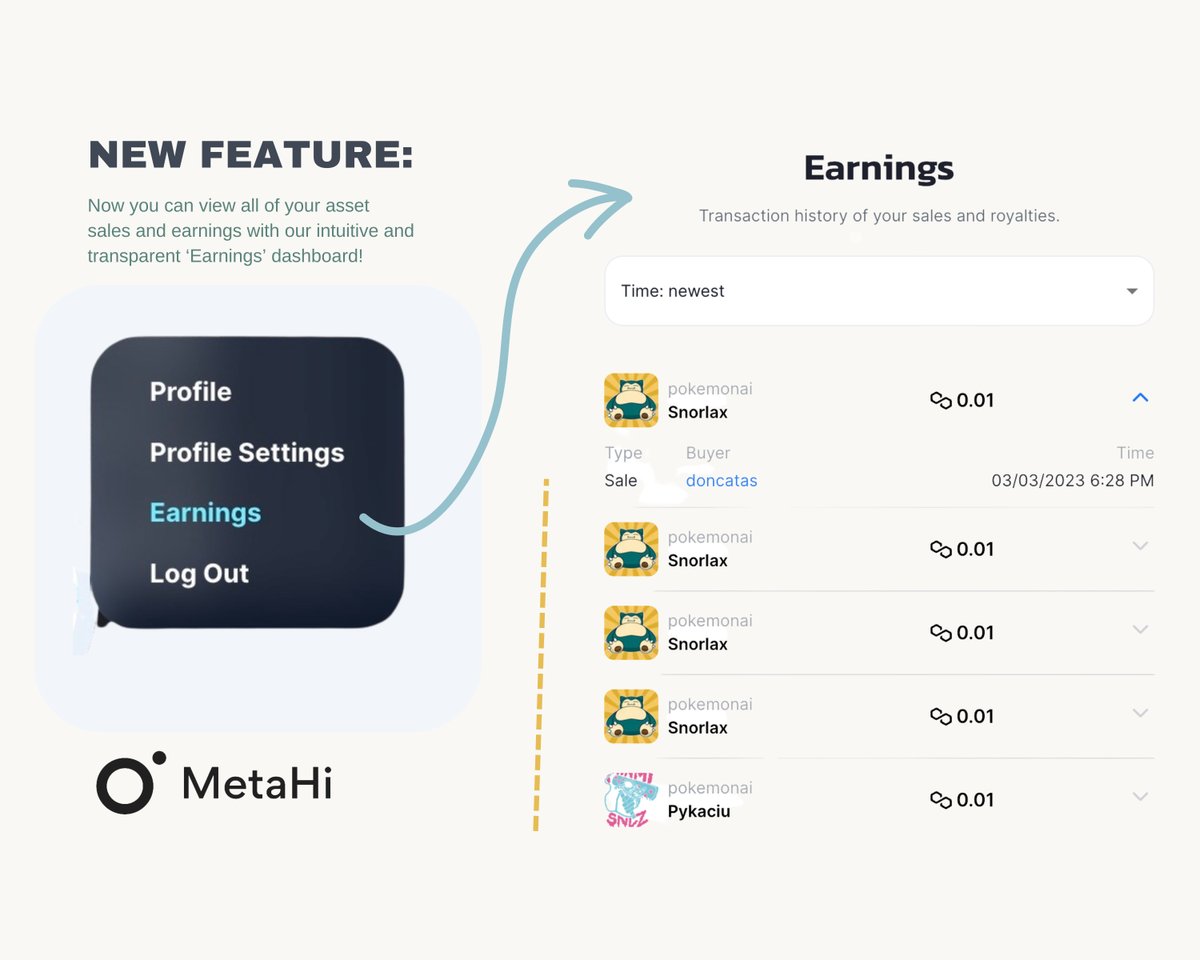 MetaHiworld's tweet photo. 📣 Your new Earnings Dashboard! 

Our newest feature is LIVE and illustrates our commitment to artists, designers and creatives! 🤩

Log in to your MetaHi account 👀 and click the ‘Earnings’ tab! 

#metahi #newfeature #transactions #sales #dashboard #marketplace #NFT #3dart https://t.co/YXWvGEBkDK