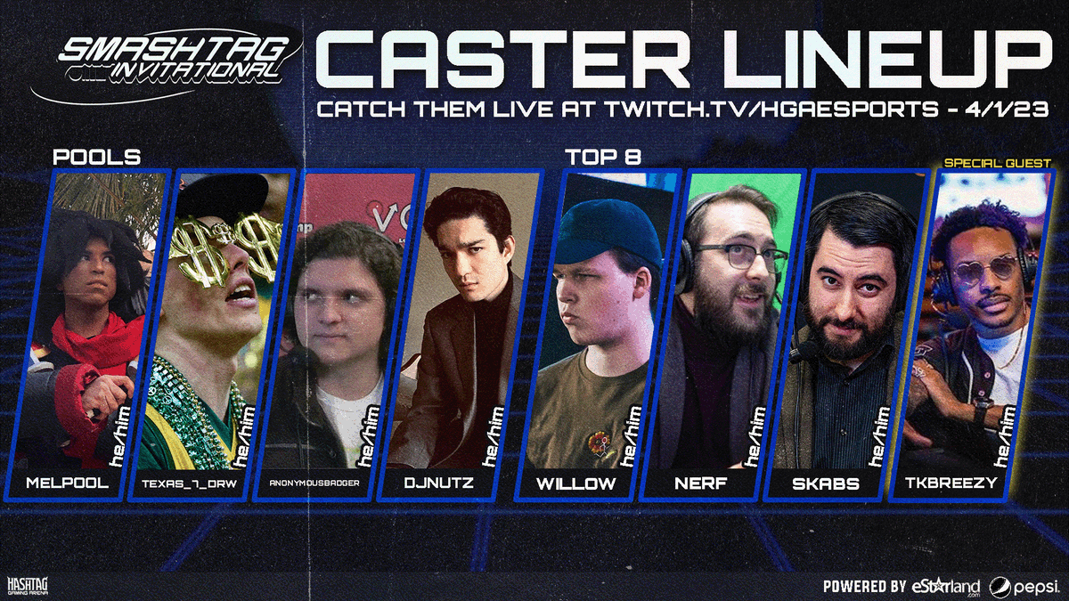 🔔 SMASHTAG INVITATIONAL ANNOUNCEMENT 🔔

Please welcome our INCREDIBLY TALENTED caster lineup for the SMASHTAG INVITATIONAL!

Watch the INVITATIONAL live on: twitch.tv/hgaesports

Register for the OPEN BRACKET at: start.gg/smashtaginvita…

Brought to you by <a href="/eStarland/">eStarland</a> !