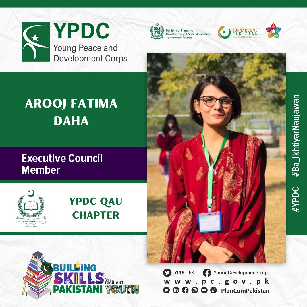 Ypdc_QAU's tweet photo. We're thrilled to welcome Arooj Fatima to the Young Peace and Development Corps (YPDC) Cabinet Executive team! With her passion for promoting peace and dedication to creating sustainable development, She will undoubtedly be a valuable asset to our organization. 

@YPDC_PK 
#HEC https://t.co/vBsW10xkkW