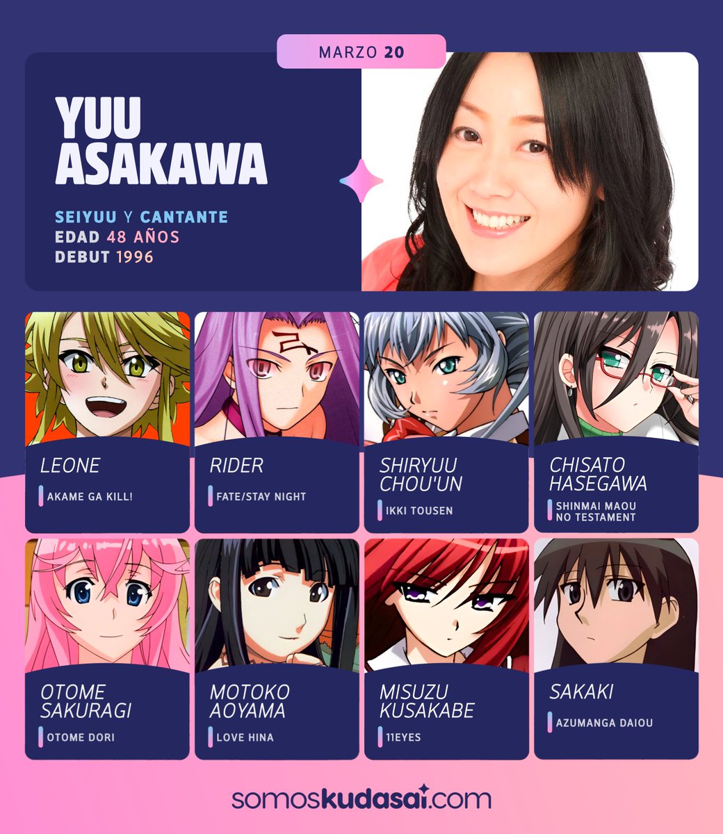 animetrends's tweet photo. Siendo ya el 20 de marzo en Japón, ¡celebramos el cumpleaños número 48 de la actriz de voz y cantante Yuu Asakawa! #浅川悠生誕祭2023

✨Ella es reconocida por roles como Rider en "Fate/Stay Night" y Leone en "Akame ga Kill!". https://t.co/yZxmgYmu74
