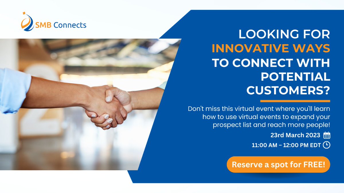 Looking for innovative ways to connect with potential customers? Don't miss this virtual event on March 23, 2023, 11:00 AM – 12:00 PM EDT; learn how to use virtual events to expand your prospect list and reach more people! eventbrite.com/e/grow-your-pr… #B2BMarketing