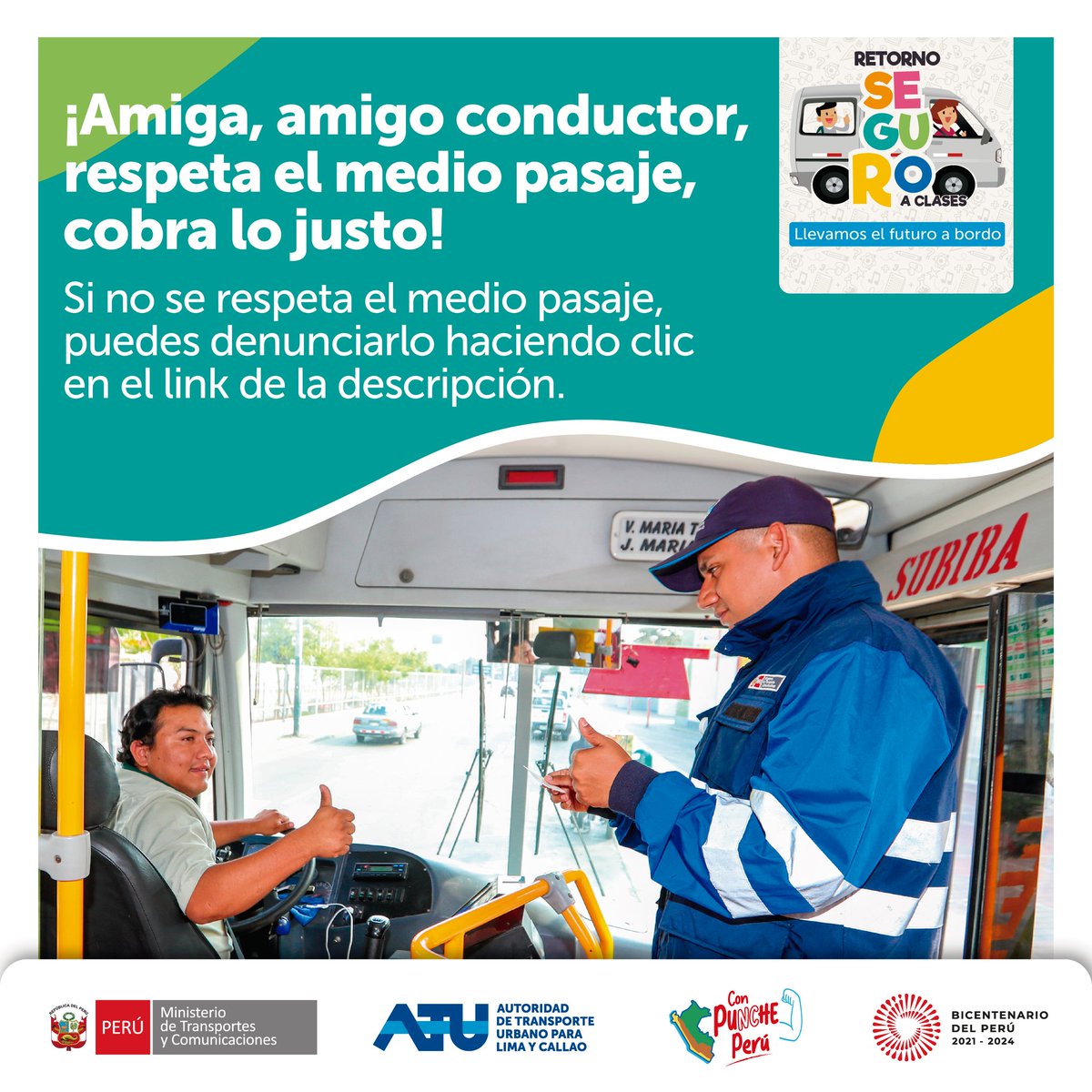 ATU_GobPeru's tweet photo. ¡El medio pasaje es un derecho que le corresponde a nuestros escolares y universitarios y hay que respetarlo! En caso no se cumpla, puedes presentar tu reclamo en esta plataforma: https://t.co/DNr3DYo9Yx Juntos podemos lograr un #TransporteDeCalidad #RetornoSeguroAClases2023 https://t.co/Afk4QpiaJ6