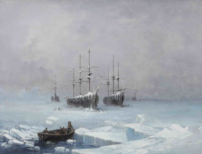 Exploration Ships in the Polar Seas (1840s) by François-Auguste Biard (French artist, lived 1799–1882). #marineart #arctic #antarctic