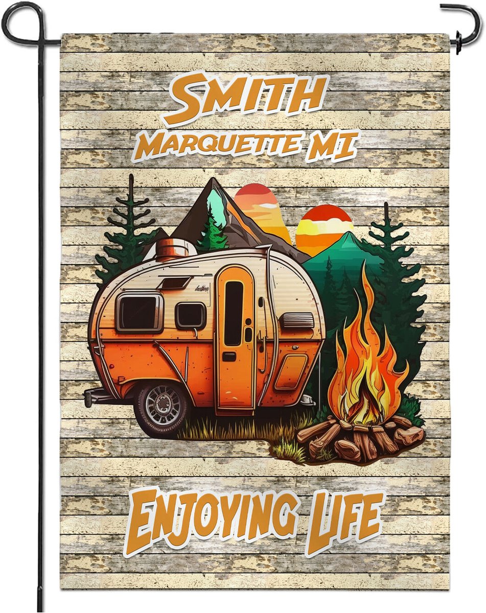 michigan_made's tweet photo. These Camping Garden Flags are personalized with your text. The 12 x 18 fabric flags are a nice material that can be imprinted on both sides. A camping flag makes a unique gift item for any camper! https://t.co/2h3ykat44F #MichiganMade #CampingFlags https://t.co/7tGR8vjNMT