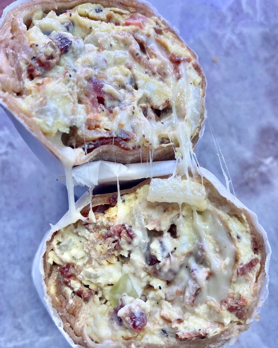 Eggs, Bacon, Swiss, Onions, Mayo, Salt &amp; Pepper on a Whole Wheat Wrap! #alldaybreakfast #breakfastwrap #longbeachny