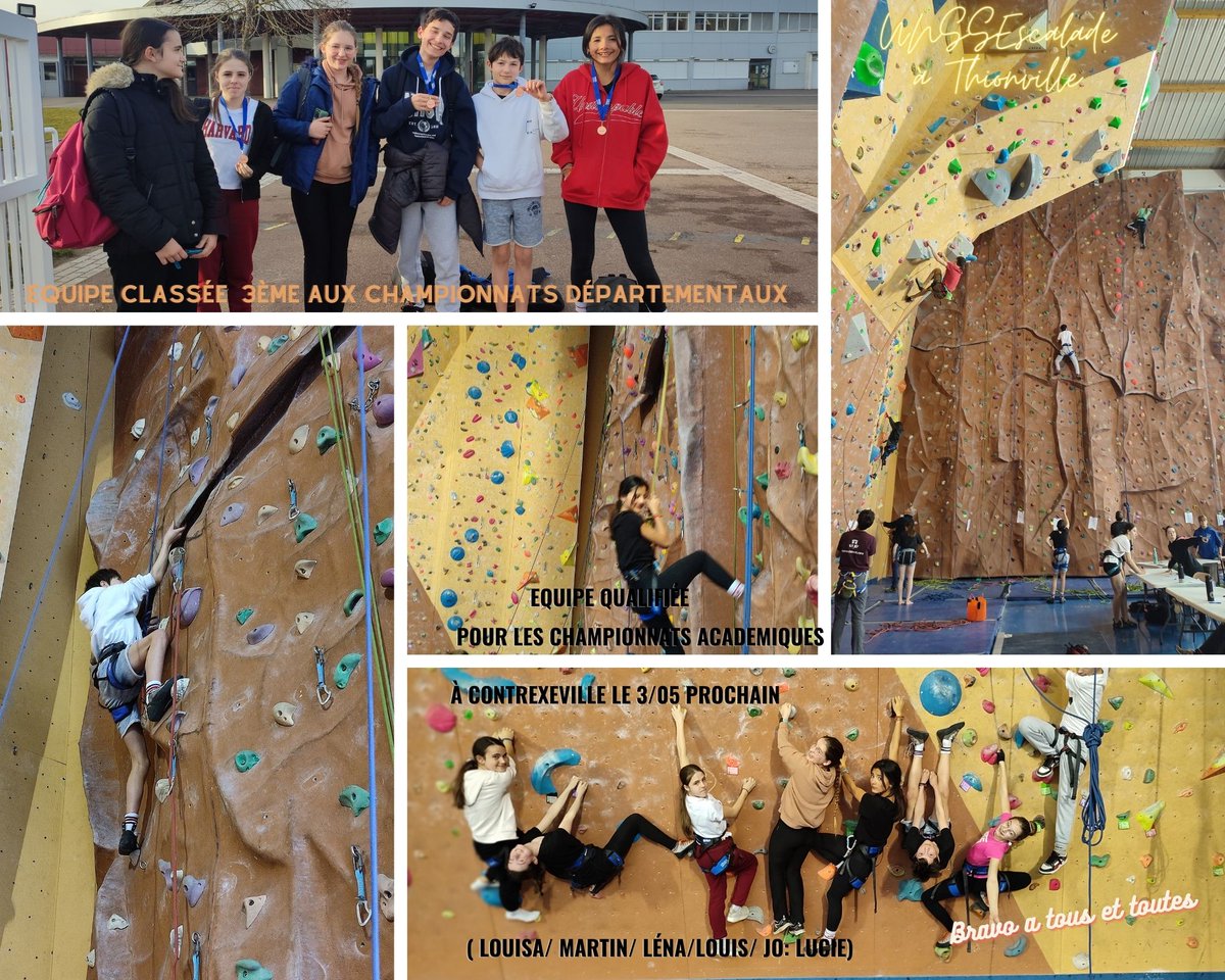 Un grand bravo à nos 8 élèves qualifiés ce mercredi 15 mars à Thionville pour le championnat d'académie d'escalade à Contrexéville le 3/05 prochain..<a href="/unssncymtz/">UNSS_Nancy-Metz</a> <a href="/rinoldo2/">Josée Mandrier</a>
