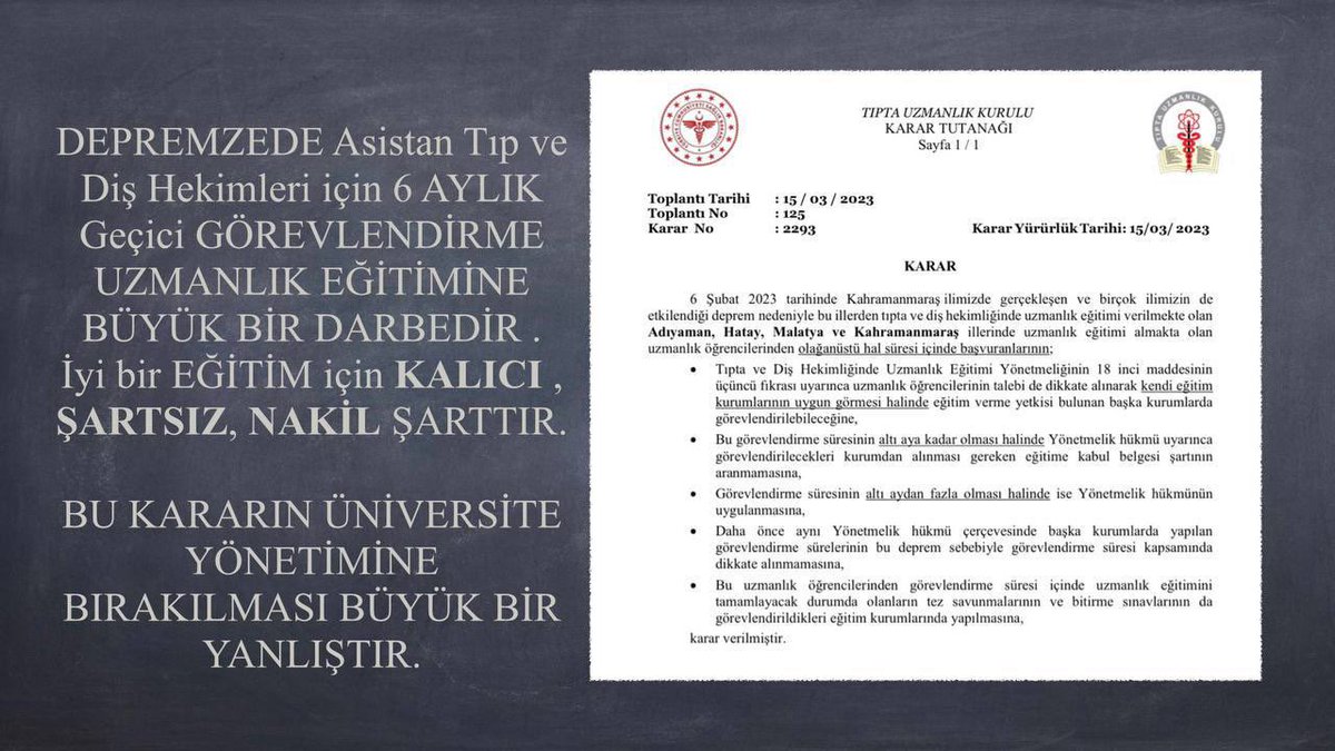 Nitelikli eğitim süreklilik gerektirir. Zaten yeterince yara almış bu asistanlar ordan oraya savruldukça,eğitim haklarının gaspı artarak devam edecektir. Haklı taleplere lütfen kulak verin!
#AsistanHekimineSahipÇık 
<a href="/drfahrettinkoca/">Dr. Fahrettin Koca</a> 
<a href="/SbhttnAydin/">Sabahattin Aydın</a> 
<a href="/melikessahin/">Melike Şahin</a> 
<a href="/bengibaser/">Prof. Dr. Bengi BAŞER</a>