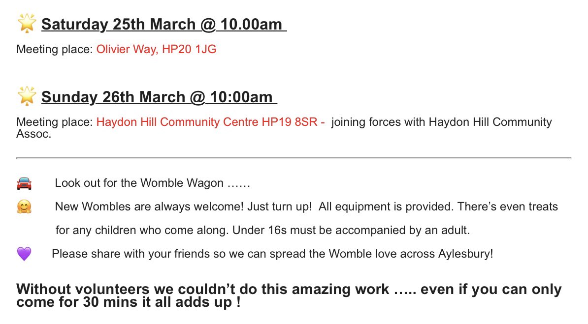 Aylesbury Wombles (@aylesburywombl1) on Twitter photo NEXT WEEKEND #litterpicking #Aylesbury #volunteers
#womblepower #litterheroes #lovewhereyoulive #keepbritaintidy <a href="/KeepBritainTidy/">Keep Britain Tidy</a> <a href="/AylesNews/">Aylesbury & District News</a> <a href="/YourBucksRadio/">Bucks Radio</a> @TalkRoberto <a href="/RobBAylesbury/">Rob Butler</a> <a href="/JustinDealey/">Justin Dealey</a> <a href="/aylesburytc/">Aylesbury Town Council</a> 💜 SPREAD THE WORD 💜 MAKE A DIFFERENCE NEXT WEEKEND #litterpicking #Aylesbury #volunteers
#womblepower #litterheroes #lovewhereyoulive #keepbritaintidy <a href="/KeepBritainTidy/">Keep Britain Tidy</a> <a href="/AylesNews/">Aylesbury & District News</a> <a href="/YourBucksRadio/">Bucks Radio</a> @TalkRoberto <a href="/RobBAylesbury/">Rob Butler</a> <a href="/JustinDealey/">Justin Dealey</a> <a href="/aylesburytc/">Aylesbury Town Council</a> 💜 SPREAD THE WORD 💜 MAKE A DIFFERENCE