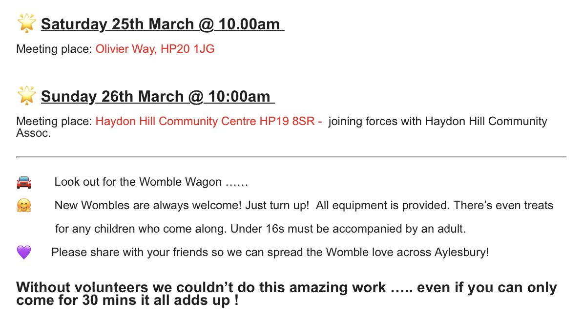 NEXT WEEKEND #litterpicking #Aylesbury #volunteers #womblepower #litterheroes #lovewhereyoulive #keepbritaintidy @KeepBritainTidy @AylesNews @YourBucksRadio @TalkRoberto @RobBAylesbury @JustinDealey @aylesburytc 💜 SPREAD THE WORD 💜 MAKE A DIFFERENCE