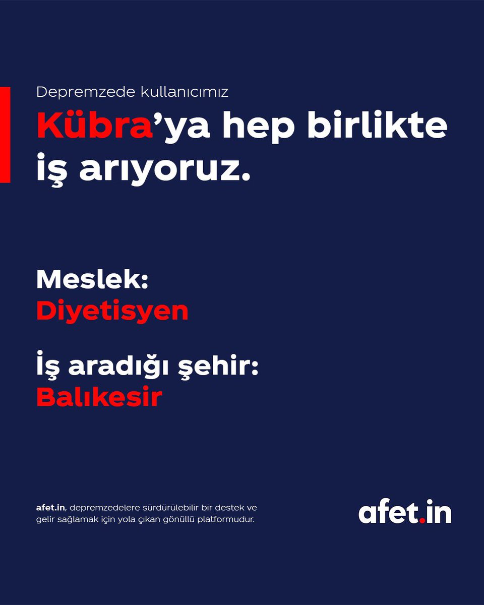 afetin_platform's tweet photo. Malatya’da depremden etkilenen, Balıkesir’de yüksek lisans yapan diyetisyen kullanıcımız Kübra’nın iş ilanının detaylarını ve iletişim bilgilerini https://t.co/PslCZVclCI adresinde görüntüleyebilirsiniz. https://t.co/yWlF27ga4K