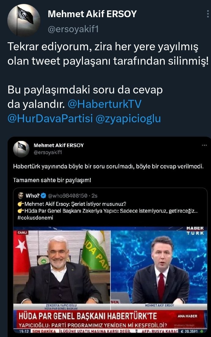 4-)

Yalan: "HÜDA PAR şeriatı getireceğiz" dedi.

Gerçek: HÜDA PAR Genel Başkanı Zekeriya Yapıcıoğlu'na böyle bir soru sorulmadı. Böyle bir cevapta verilmedi.

FETö'cü hesaplardan tarafından ortaya atılan yalan kısa sürede milyonlara ulaştı. Programın sunucu iddiayı yalanladı.