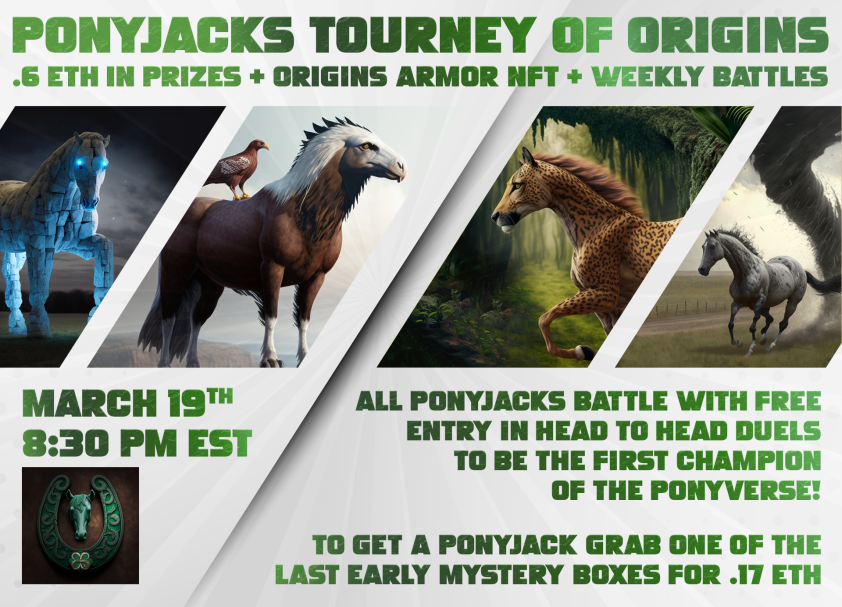 LuckyJackamoto's tweet photo. 1st @PonyJacksNFT Tourney of Origins kicks off tonight 8:30pm EST for .6 ETH in prizes.  Make sure u grab a mystery box w/3 spins to pick a killer Ponyjack to enter! + u get 2 instant battles for .01 a pop w/new jacks. Tons of fun + prizes! @zed_run  
Box: https://t.co/6wpYYS991v https://t.co/t2vCHFcP2S