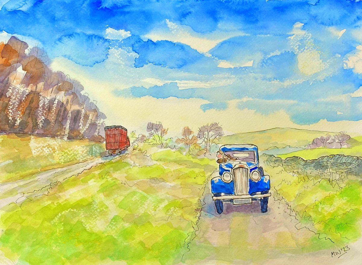 ‘The Chase’ latest #acgas inspired painting - James chasing Mallock’s lorry containing the wrong cow! @exitthelemming @cal_woodhouse @RachelShenton @AlexharwoodMuso @AllCreaturesTV @brianspercival @masterpiecepbs @channel5_tv