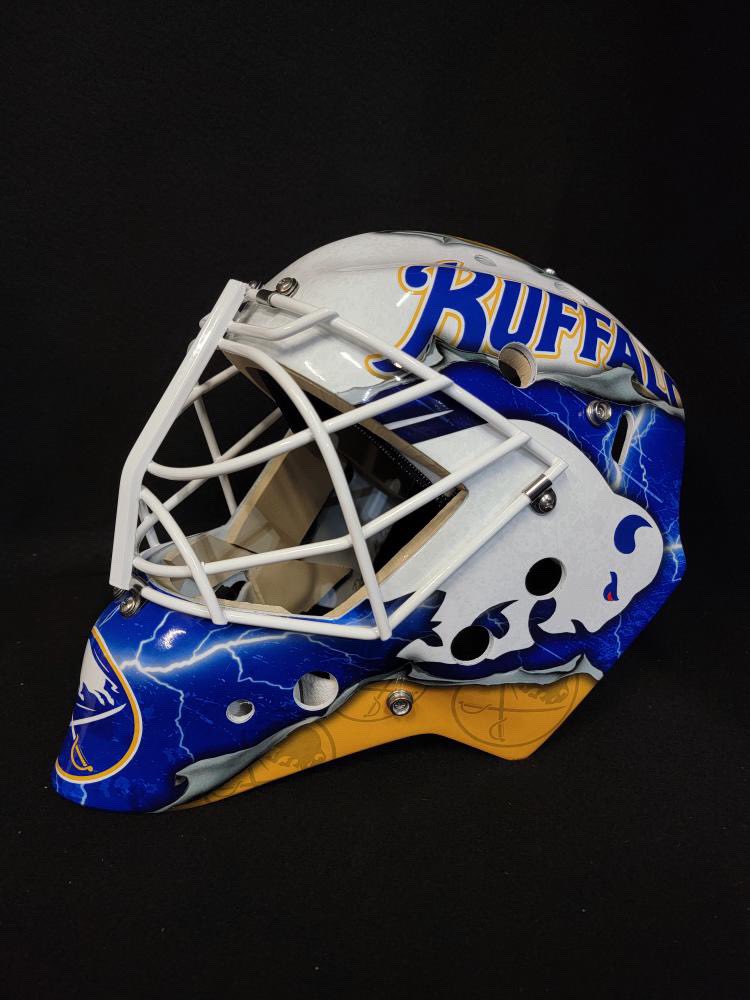 GoalieGearNerd's tweet photo. New @BuffaloSabres mask for @DevonLevi33!!! Amazing that SkinFX wraps can turn around quality artwork like this so quickly. #GoalieGearNerd https://t.co/o8ZQjf4icf