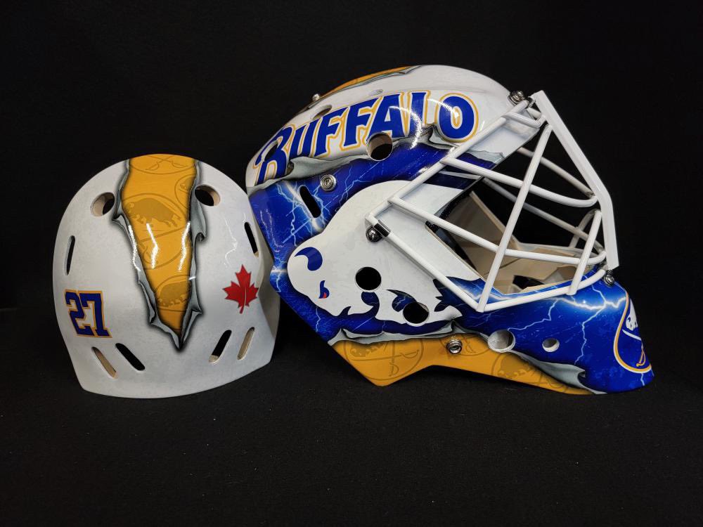 GoalieGearNerd's tweet photo. New @BuffaloSabres mask for @DevonLevi33!!! Amazing that SkinFX wraps can turn around quality artwork like this so quickly. #GoalieGearNerd https://t.co/o8ZQjf4icf