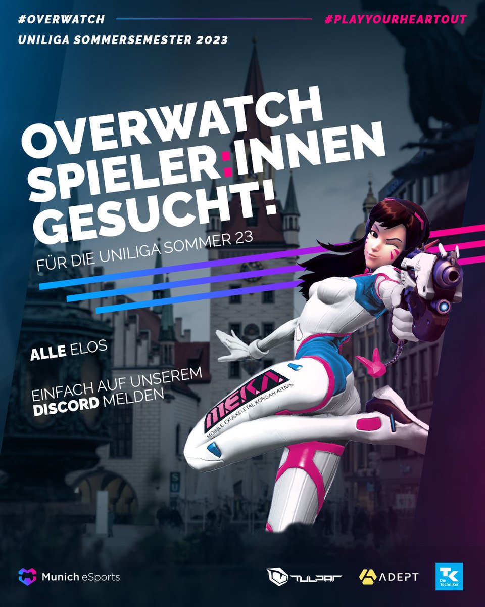 🙌Munich eSports #Overwatch ist zurück!🙌

Für das Sommersemester suchen wir Studierende jeden Ranges für unser <a href="/uniligaGG/">Uniliga</a> Team. Wenn du mit uns die Liga unsicher machen willst, melde dich über unseren Discord (am besten bei Juli4n#6107)!

#PlayYourHeathOut #Uniliga