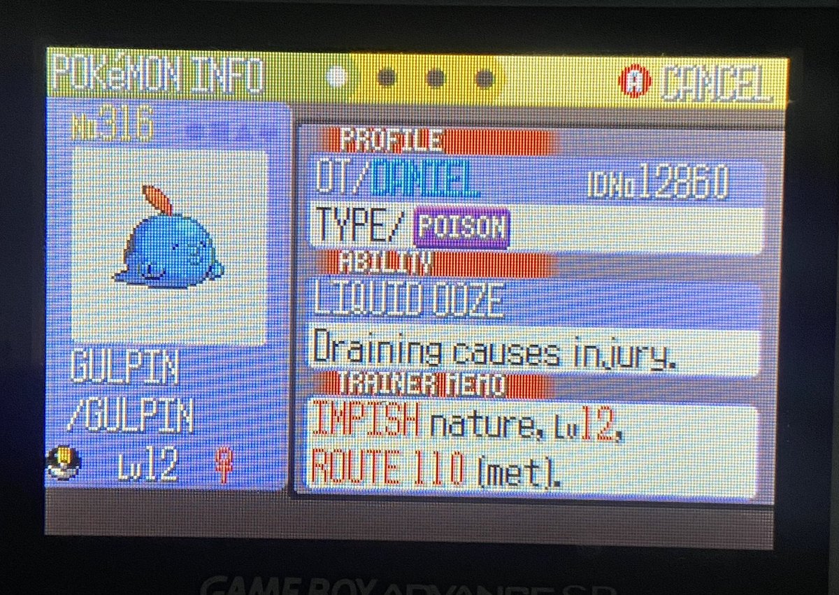 First time hunting in over a month, wanted something fast so brought out many SPs and a couple hours later got my target after 985 REs😎 Shiny Gulpin looks super awesome on bright Gameboy, very cool :)