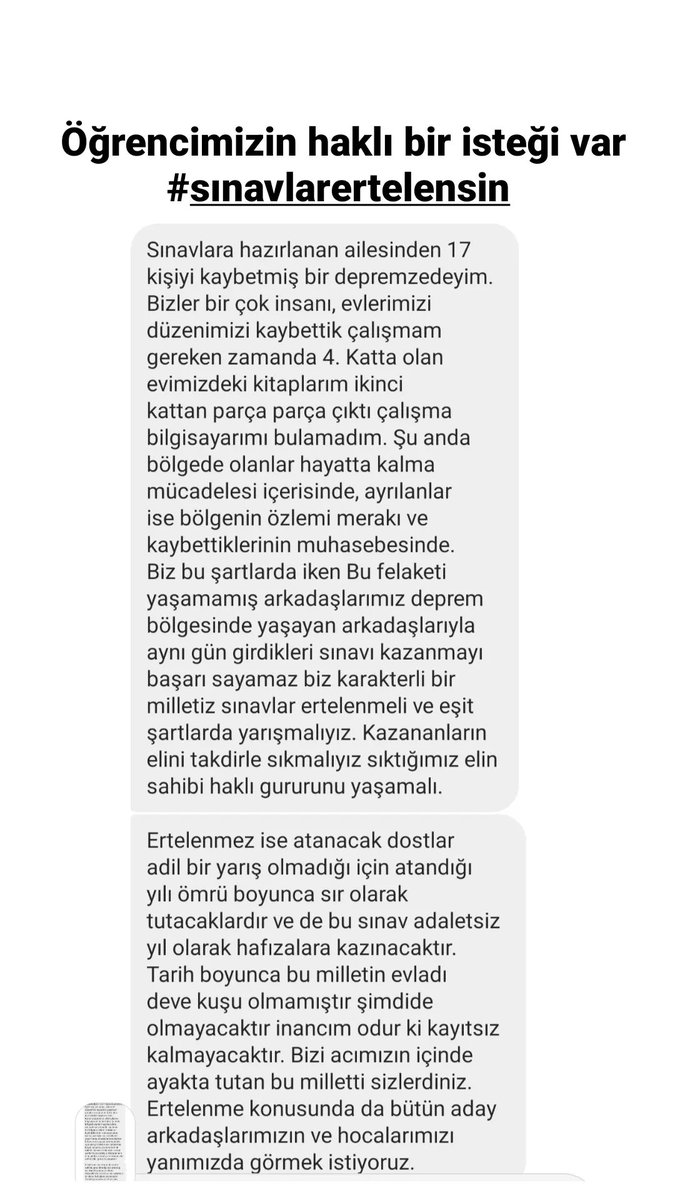 Eşit şartlarda girilemeyecek bir sınav eminim herkesin vicdanını sızlatır...Büyük bir yıkımın ardından toparlanmak hiç kolay değil yaşamı topyekün değişen yüzlerce öğrencimiz için #sınavlarertelensin