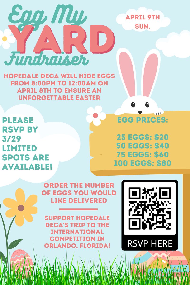 hopedale_deca's tweet photo. This year, Hopedale DECA is bringing back our Egg My Yard Fundraiser! We will hide eggs filled with candy in your yard the night before Easter to find, making an unforgettable day! Reach out by the 29th and support Hopedale DECA’s competition in Orlando! Please share with others! https://t.co/0PfABdmc7N