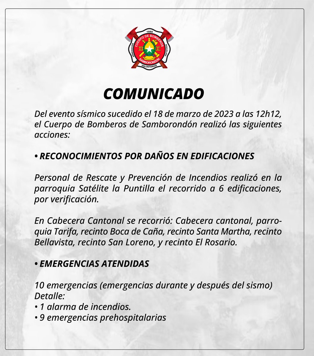 Cuerpo de Bomberos de Samborondón en respuesta al sismo sucedido el día de ayer 18 de marzo comunica a nuestra comunidad el trabajo realizado por nuestro personal.
 #sismo #prevención #Bomberos #Samborondon