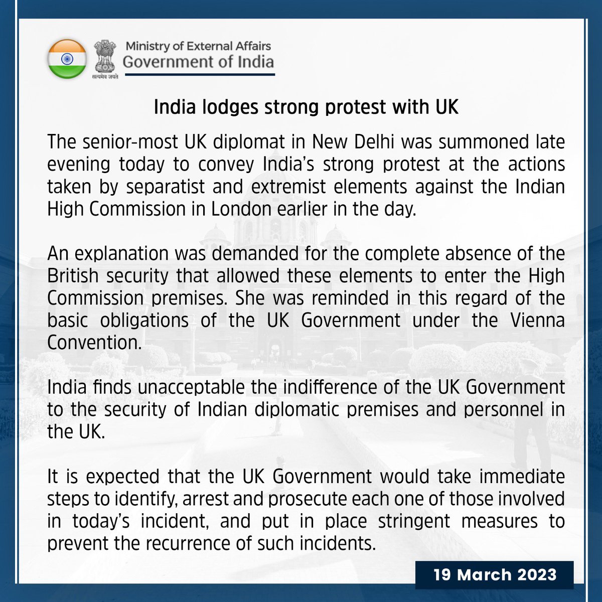 India lodges strong protest with UK. Press Release ➡️ cutt.ly/34jcy4D