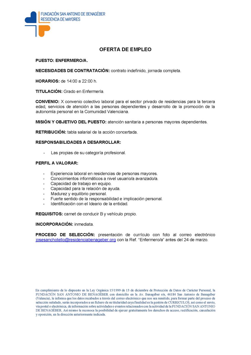 ResidenciaSAB's tweet photo. Compartimos esta oferta de empleo por si os interesa. https://t.co/Z9SSHprBDo