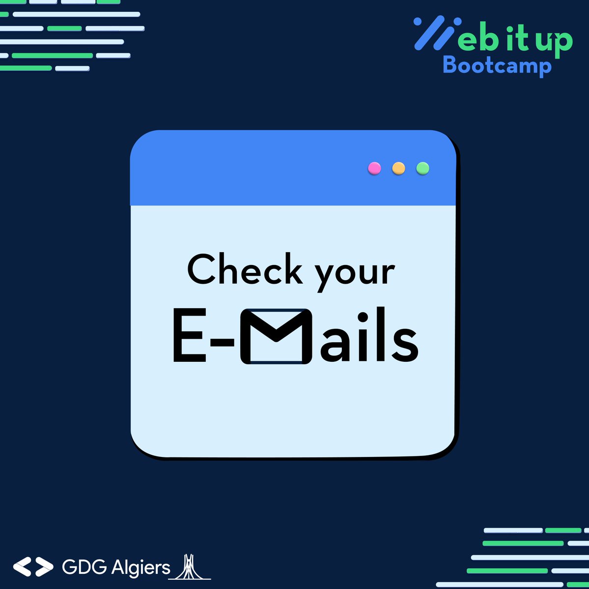 GDG_Algiers's tweet photo. Yes, you're seeing it right!
Web It Up #Bootcamp is here!
Check out your emails and get your ticket to the amazing adventure waiting for you, be ready to take your web development skills to the next level.
See you tomorrow!
#GDG #GDGAlgiers #webdev #frontend #backend #webitup https://t.co/vns622YlTX