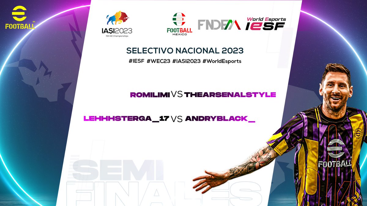 Las Semifinales del Selectivo Nacional de #Efootball 2023 rumbo al Campeonato Mundial de #esports han quedado definidas.

¿Quién ganará? 🏆⚽

<a href="/IeSF_Master/">Esports fan</a>
@IesfPanam
<a href="/efootball_mx/">efootball.mx</a>

#WorldEsports #IASI2023 #WEC23 #IESF
