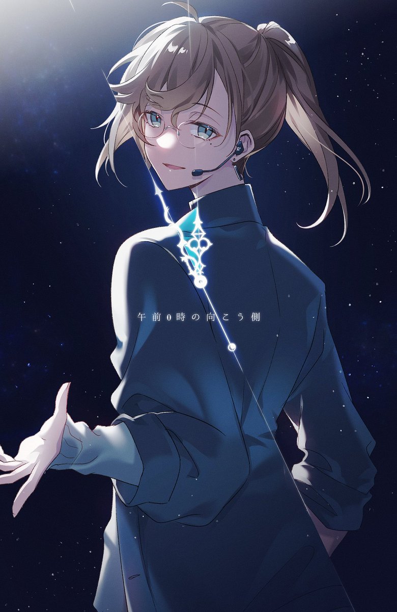 1boy male focus solo ponytail looking back headset looking at viewer  illustration images