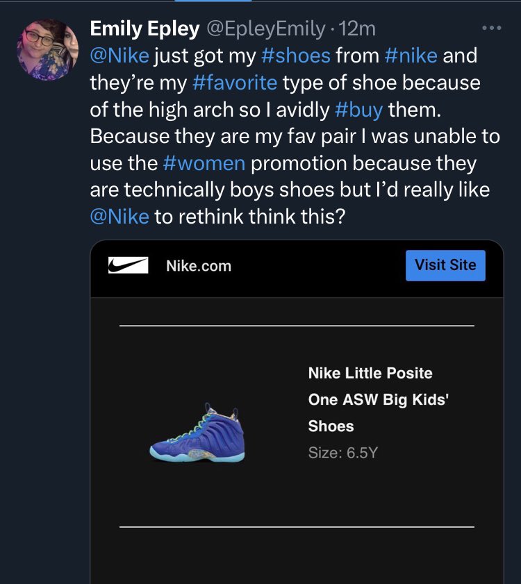 EpleyEmily's tweet photo. @Nike  just wanted to let you know when everyone can’t #participate and they feel excluded it’s not fun. I am a regular customer so please reconsider you’re future discounts because now I feel like an outlier for my preference. https://t.co/6DORF3CFvJ