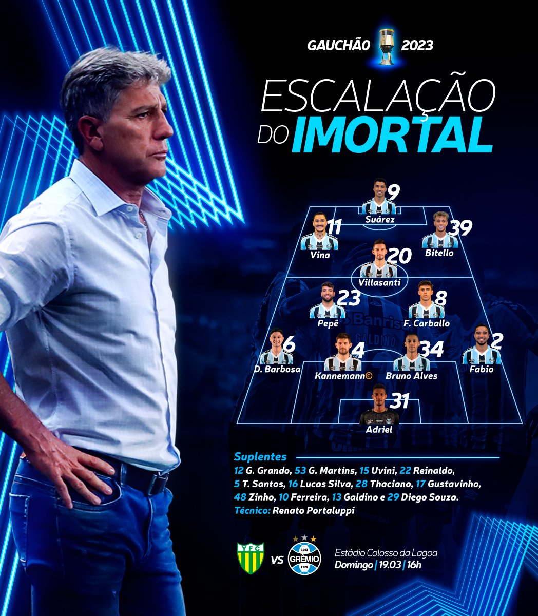 Gremio's tweet photo. 📋 ESCALAÇÃO DO TRICOLOR!  
🇪🇪 #YPIxGRE #Gauchão2023 https://t.co/CGZixhGP0R