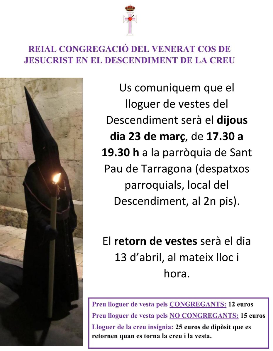 DIJOUS 23 LLOGUER DE VESTES DEL DESCENDIMENT #SetmanaSantaTGN