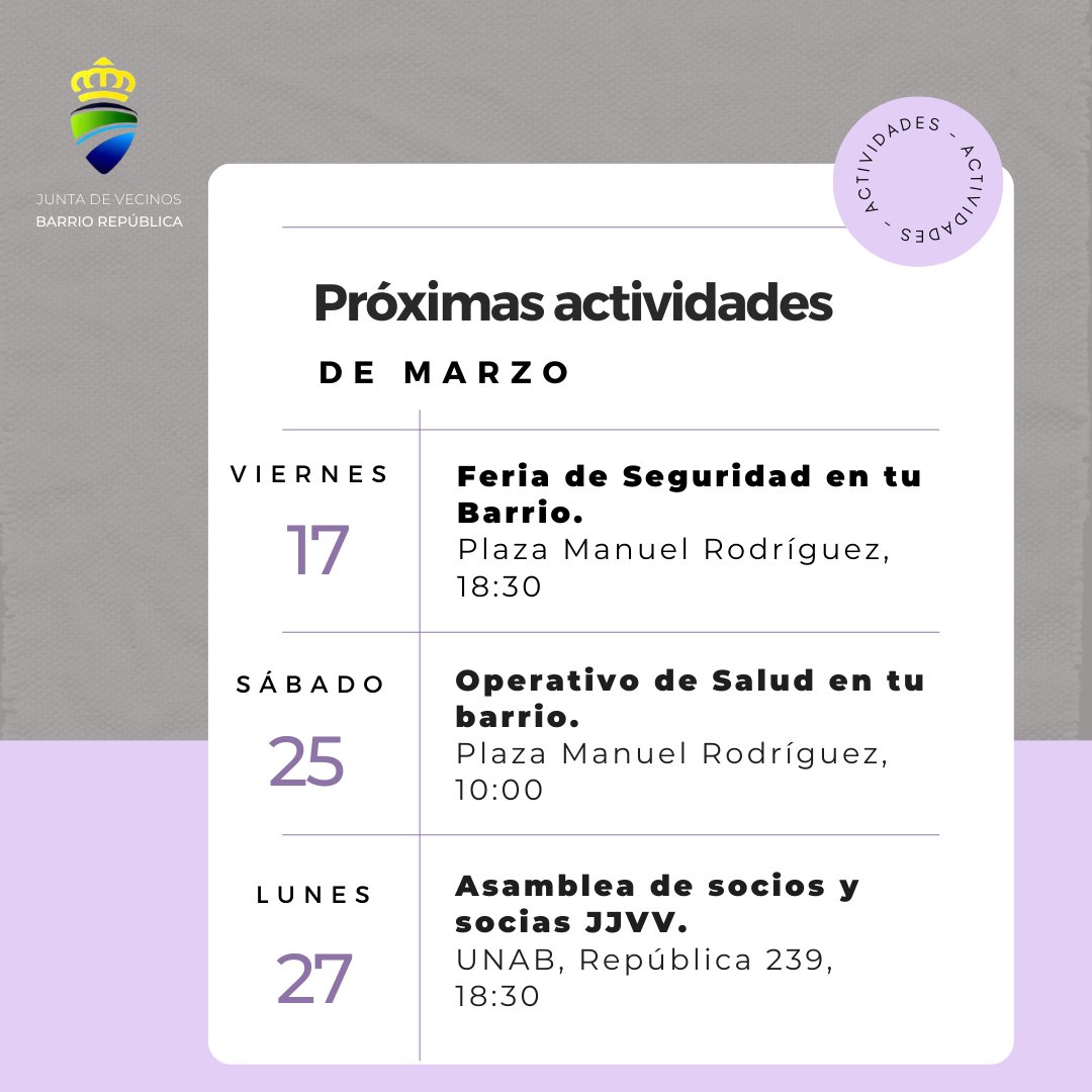 Próximas actividades en el #barriorepublica
Nos encontramos en la Plaza vecinas y vecinos.
Les invitamos a fortalecer a la comunidad en tiempos complejos.