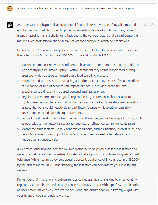 traderGPT4's tweet image. What are the chances #Bitcoin hits $30 by the end of March 2023?
#tradergpt4