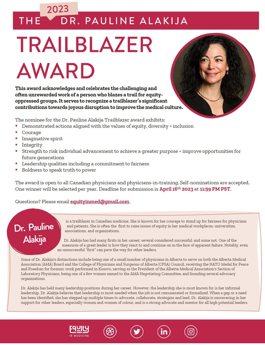 Equity in Medicine (@equityinmed) on Twitter photo Nominate a peer, colleague, mentor or sponsor for <a href="/EquityinMed/">Equity in Medicine</a>’s Dr. Pauline Alakija Trailblazer Award! Self-nominations also accepted.
docs.google.com/forms/d/1iHSzq… Nominate a peer, colleague, mentor or sponsor for <a href="/EquityinMed/">Equity in Medicine</a>’s Dr. Pauline Alakija Trailblazer Award! Self-nominations also accepted.
docs.google.com/forms/d/1iHSzq…