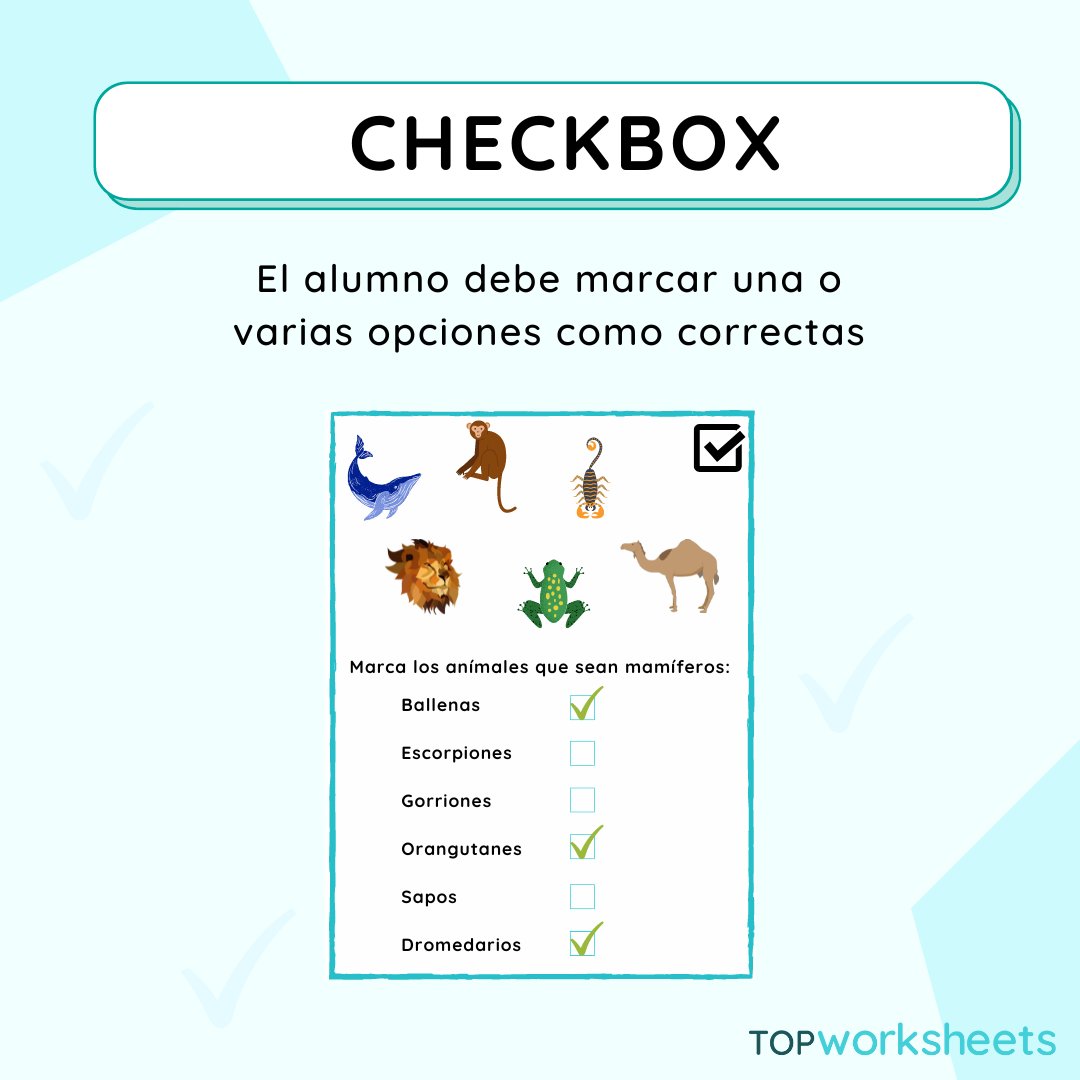 ✅ Utiliza el campo Checkbox para crear todo tipo de ejercicios: respuestas múltiples, preguntas de examen tipo test,... 👩‍🏫 Y con la corrección automática tus alumnos podrán comprobar sus respuestas al instante.
