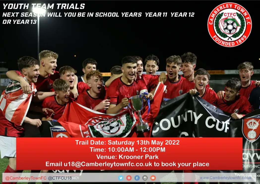 🚨🚨🚨Youth Team Trials for 2023-24 Saturday 13th May 2023 - 10AM @ Krooner Park If next season you are in school years 11, 12 or 13 then this is your opportunity to join our successful youth team! Visit our website to book your place: camberleytownfc.co.uk #MadeInCambe…