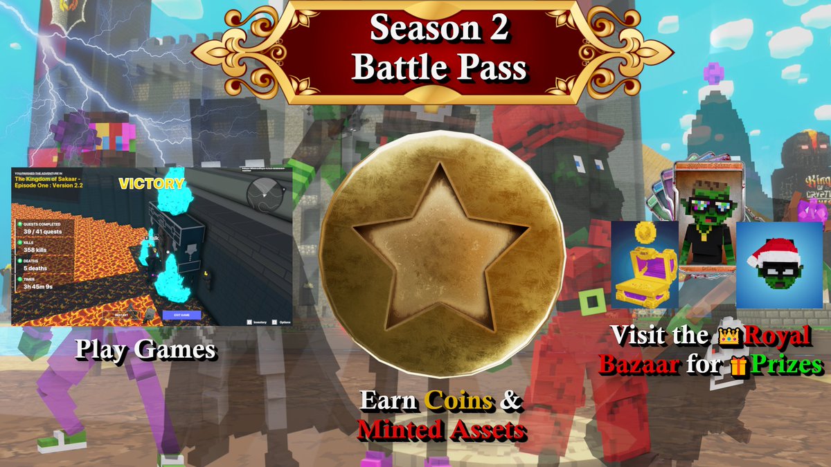 KOCGAMESCO's tweet image. 🪙 Similar to Fortnite &amp;amp; Call of Duty Battle Pass systems

The Battle Pass Play-2-Earn Economy offers instant rewards as well as currency to purchase additional rewards in the Royal Bazaar Rewards Store. 🎁🛍️🏆

#TheSandbox #VoxEdit #BuildersGuild #KOCGames #BattlePass #Play2Earn