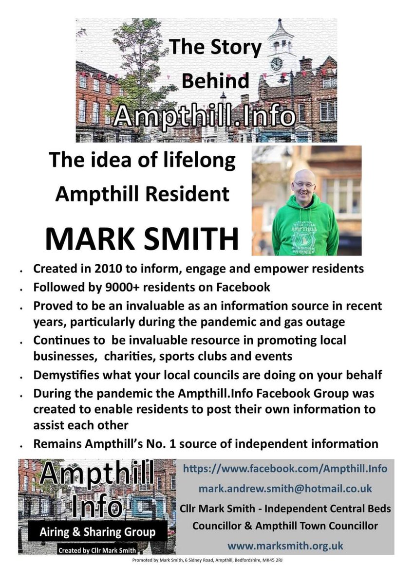 The Story Behind Ampthill.Info The idea of lifelong Ampthill Resident Mark Smith Created in 2010 to inform, engage & empower residents Followed by 9000+ residents on Facebook Remains Ampthill's No. 1 source of independent information @ampthillinfo @cllrmarkasmith