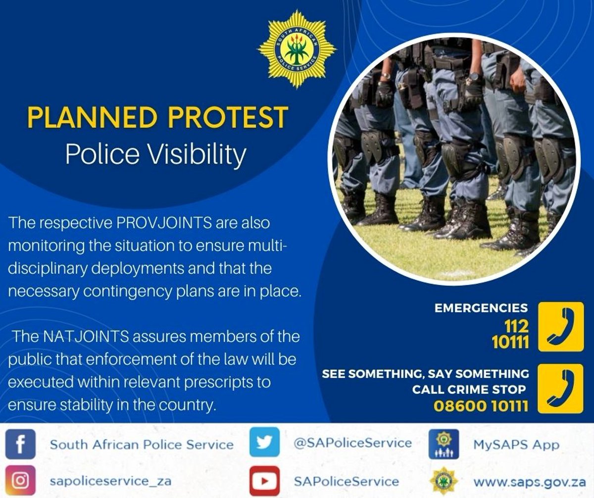 SAPoliceService's tweet photo. #sapsHQ Law abiding citizens should be at ease knowing that the #NatJOINTS is not taking these threats lightly. Security forces are on high alert and ready to maintain stability in the country, and ensure the safety and security of South Africans #NationalShutdown #20thOfMarch ME https://t.co/meqKC5qtzm