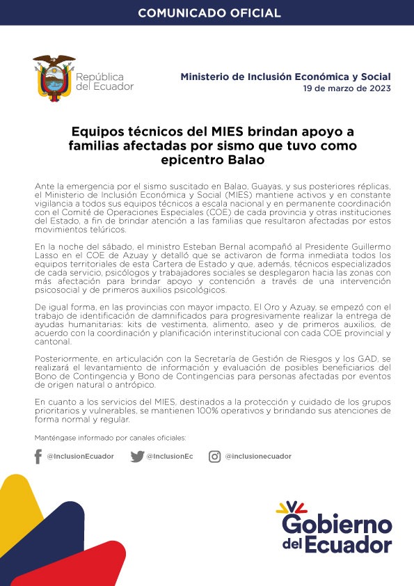 La Secretaría General de Comunicación de la Presidencia detalla información actualizada de @InclusionEc.

#CruzadaPorElEcuador