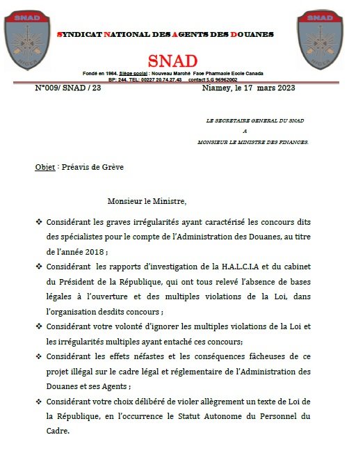 IdiElhadji's tweet photo. #Niger, ce préavis de grève du #SNAD sonne comme une #résistance à l'exécution d'une décision de #justice. Force doit rester à la loi, il revient au gouvernement @Ouhoumoudou_PM de rappeler ce syndicat des porteurs d'#armes à l'ordre. Il faut y mettre fin à leur dilatoire. https://t.co/pxmwhmG2a3