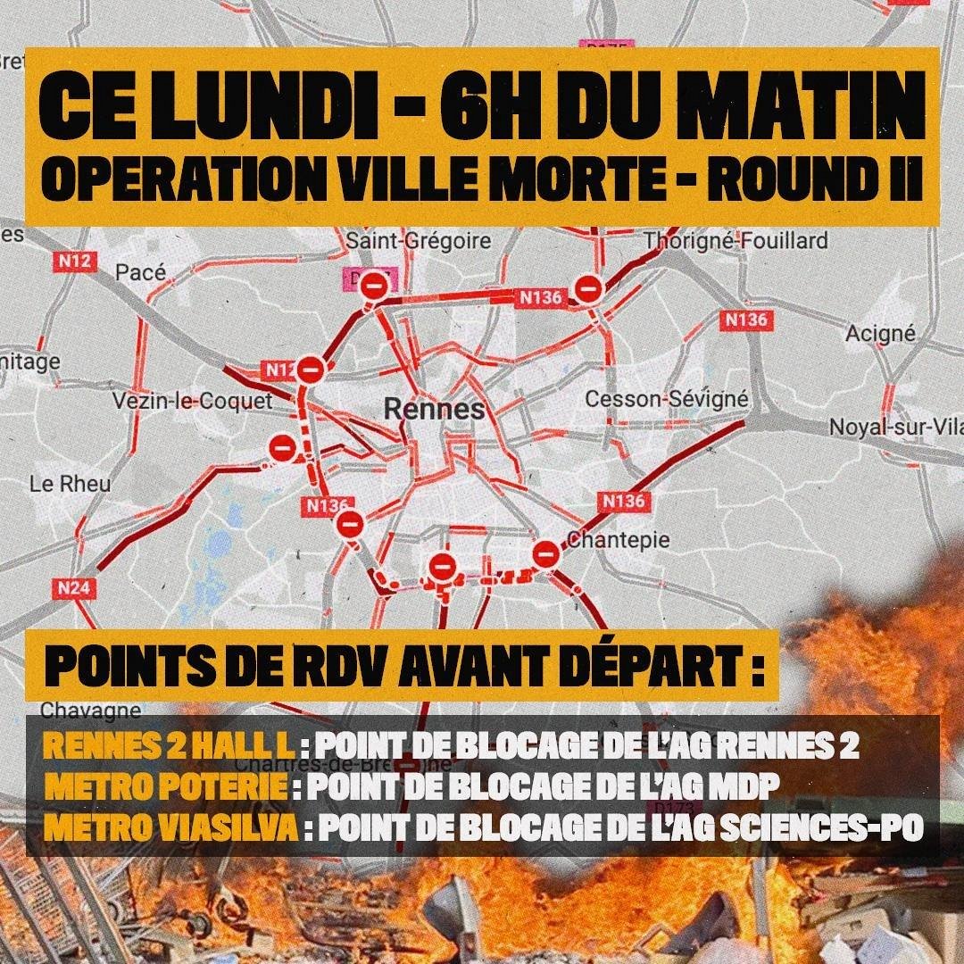 RAutrement's tweet photo. #rennes : le point sur les blocages et les barrages filtrants, ce lundi 20 mars https://t.co/5kCHtuUOQE https://t.co/FD0eofzgn0
