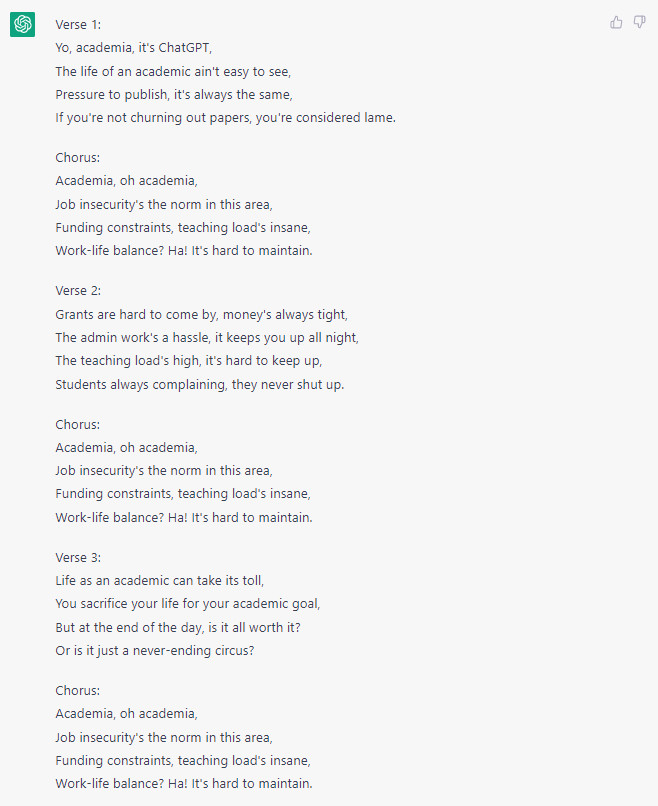 coles_nicholas_'s tweet photo. I asked #ChatGPT to write a diss track about #academia and it did NOT hold back🔥😭🤣 https://t.co/xbCzACqQbm