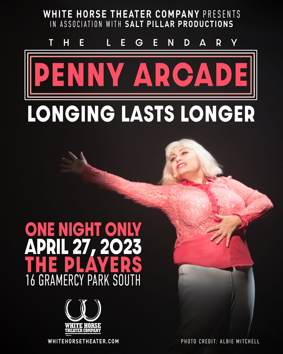 Thrilled to be working on our first project since 2019! Join us at <a href="/ThePlayersNYC/">The Players</a> on April 27 for the legendary <a href="/PennyArcadeNYC/">Penny Arcade</a> 's LONGING LASTS LONGER, a one-night only presentation of <a href="/whtcnyc/">White Horse Theater</a> that we have the honor of Associate Producing! Tickets: whtc.ticketleap.com/penny-arcade/d…