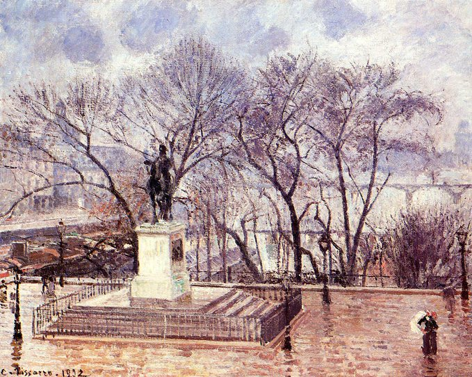 The Raised Terrace of the Pont Neuf, Place Henri IV, Afternoon, Rain, 1902 #camillepissarro #danishart #painting