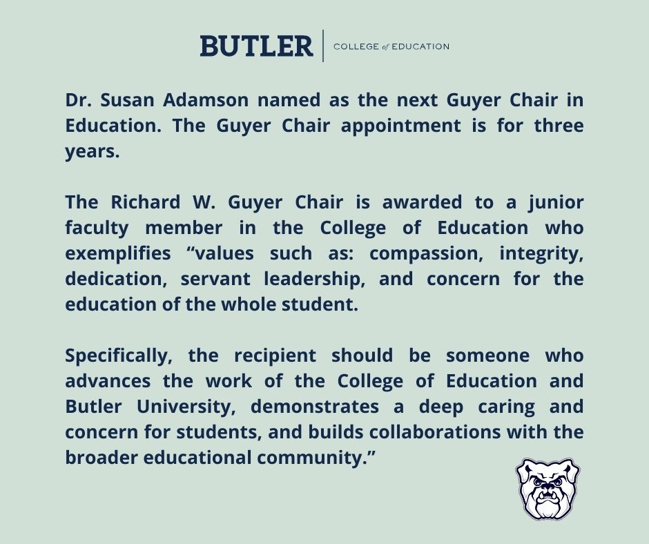 Congratulations to Dr. <a href="/scadamso/">Susan Adamson</a>, who has been names as the next Richard Guyer Chair in Education! An official installation ceremony will be held in the near future.