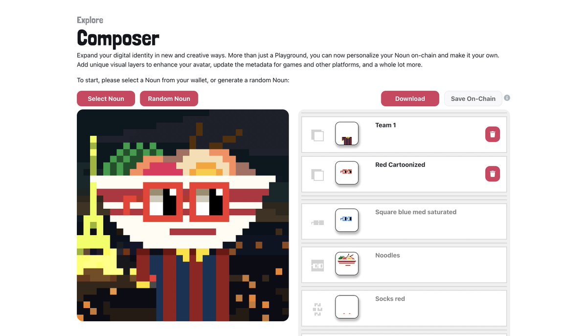 9/ Here's me using the Composables composer to made a ramen noun with a custom:
- Paris/eiffel tower background
- cartoon red noggles
- Barcelona jersey accessory