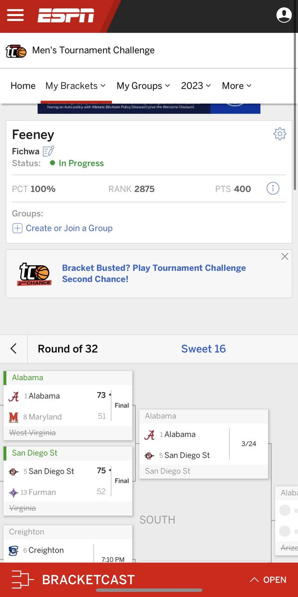 MikeFeeney48's tweet photo. My bracket doing decent https://t.co/kQtjoRgued