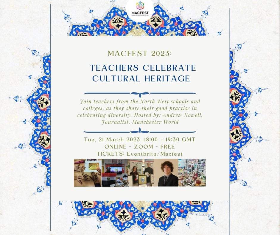 Join #macfest2023 on Tue 21st of Mar 18:00 GMT -Teachers Celebrate #Cultural #Heritage' on Eventbrite!
eventbrite.co.uk/e/macfest-2023…
@QaisraShahraz
#SpreadHoneyNotHate
@hopwoodhall
@FreeholdC 
@TraffordCollege 
@AGGSchool 
@CheadleCollege 
@stock_college 
@AndrewNowell_ 
@MACFESTUK